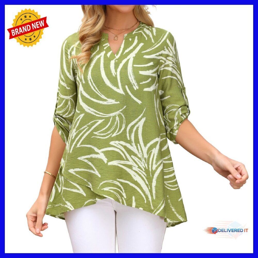 Floral Print V-Neck Tunic Blouse 3/4 Sleeve High-Low Hem Loose Fit
